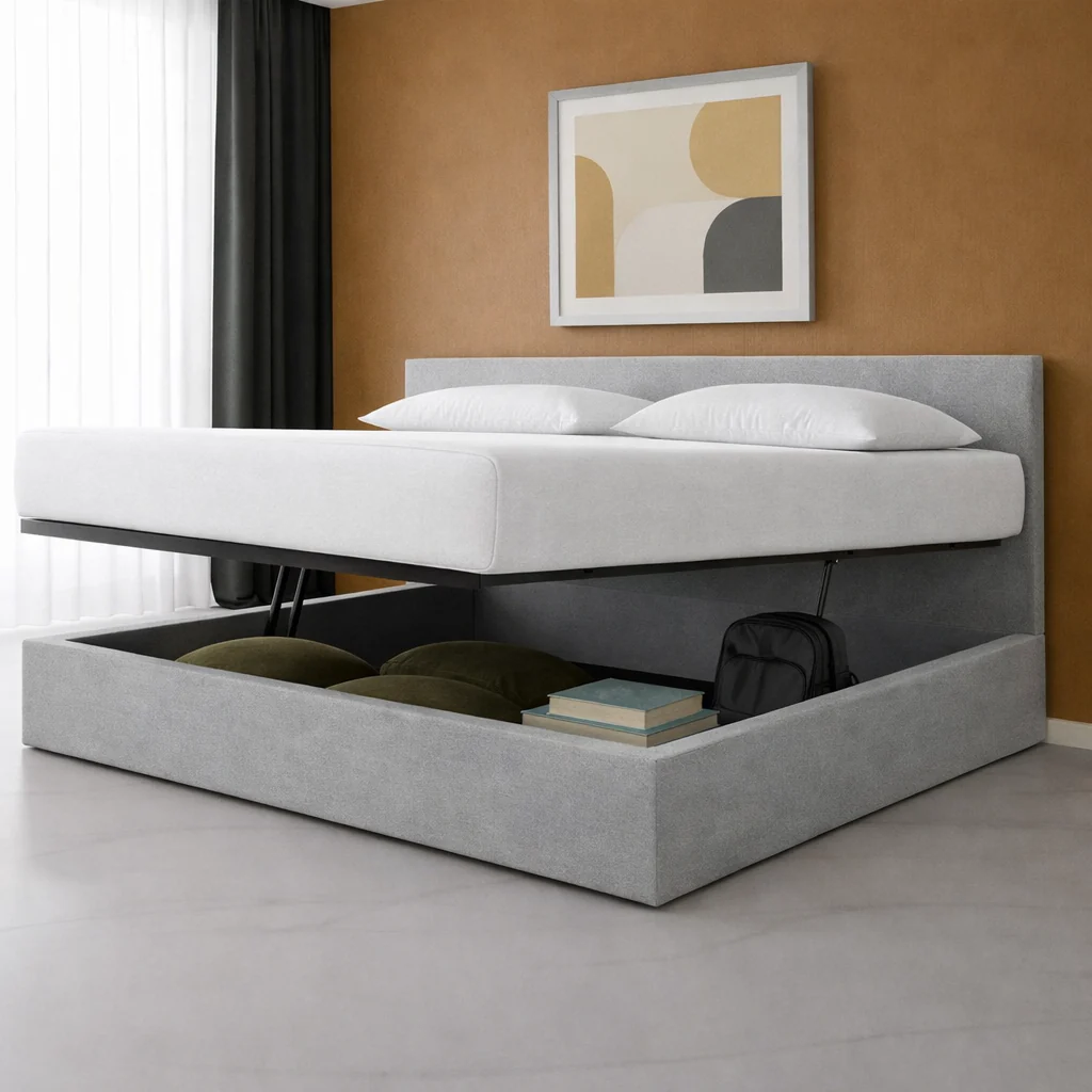 Lit coffre avec tête de lit ouverture latérale et frontale tissu - Collection Parallèle design