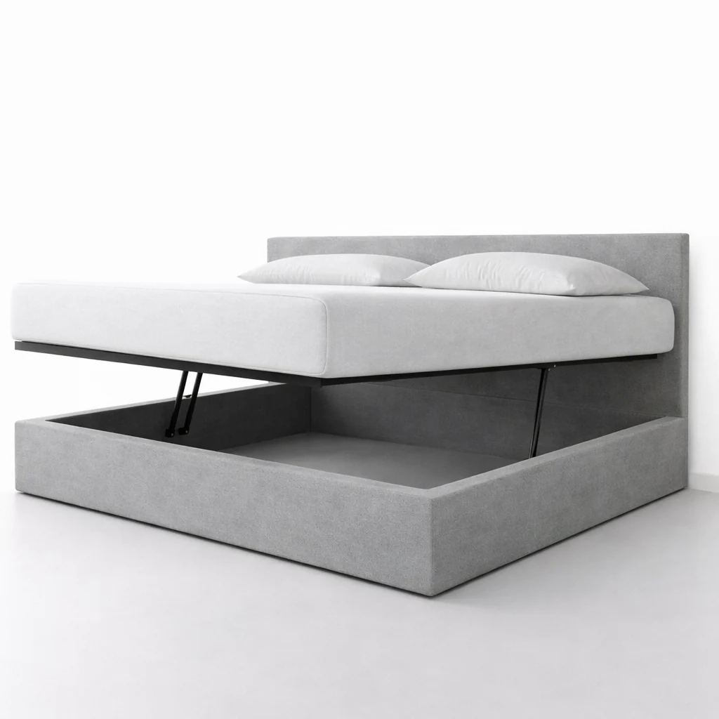Lit coffre avec tête de lit ouverture latérale et frontale tissu - Collection Parallèle design - Image 11