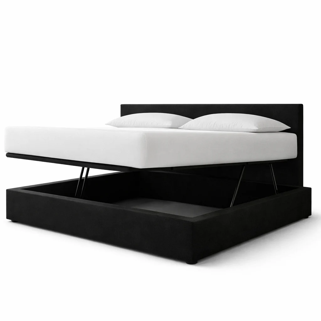 Lit coffre avec tête de lit ouverture latérale et frontale tissu - Collection Parallèle design - Image 12