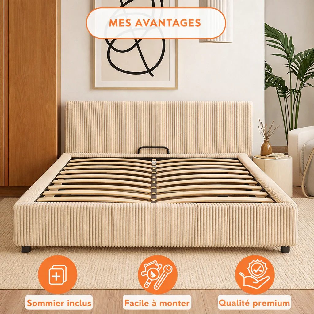 Lit coffre électrique avec tête de lit, velours côtelé, télécommande - Collection Futura design - Image 5