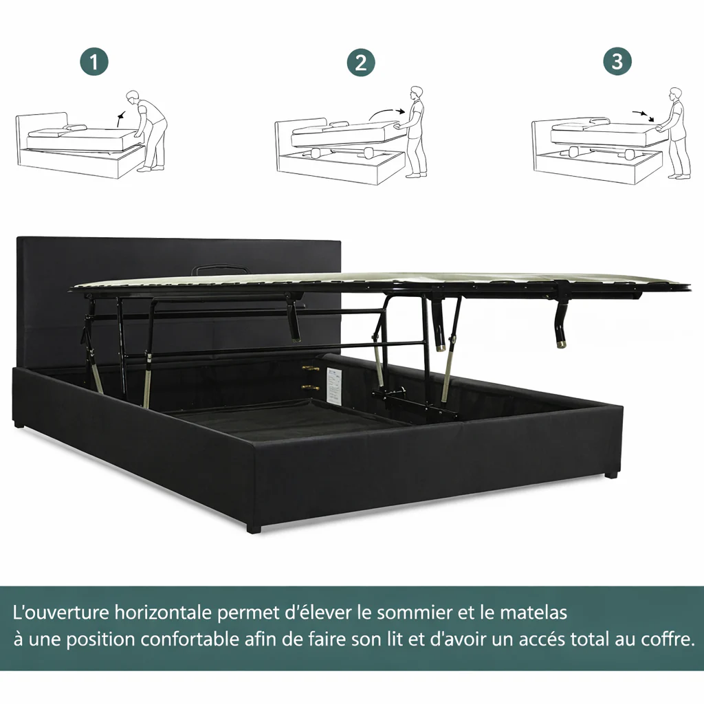 Lit coffre avec tête de lit ouverture latérale et frontale bouclette - Collection Parallèle design - Image 10