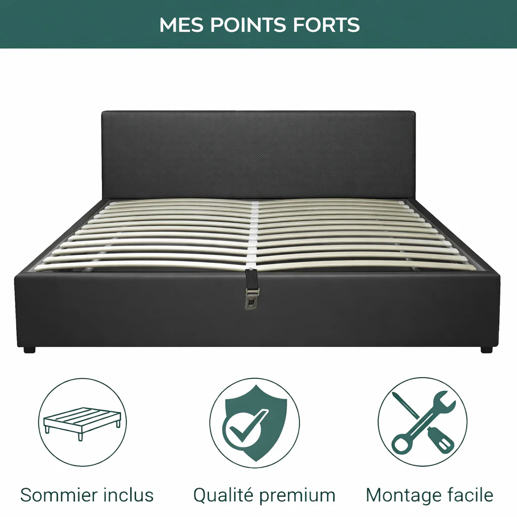 Lit coffre avec tête de lit ouverture latérale et frontale bouclette - Collection Parallèle design - Image 12