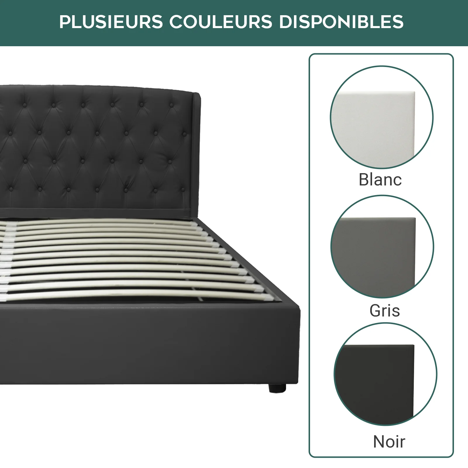 Lit coffre sommier relevable Monceau capitonné chic : simili cuir et sommier à lattes en bois flexibles - Image 12