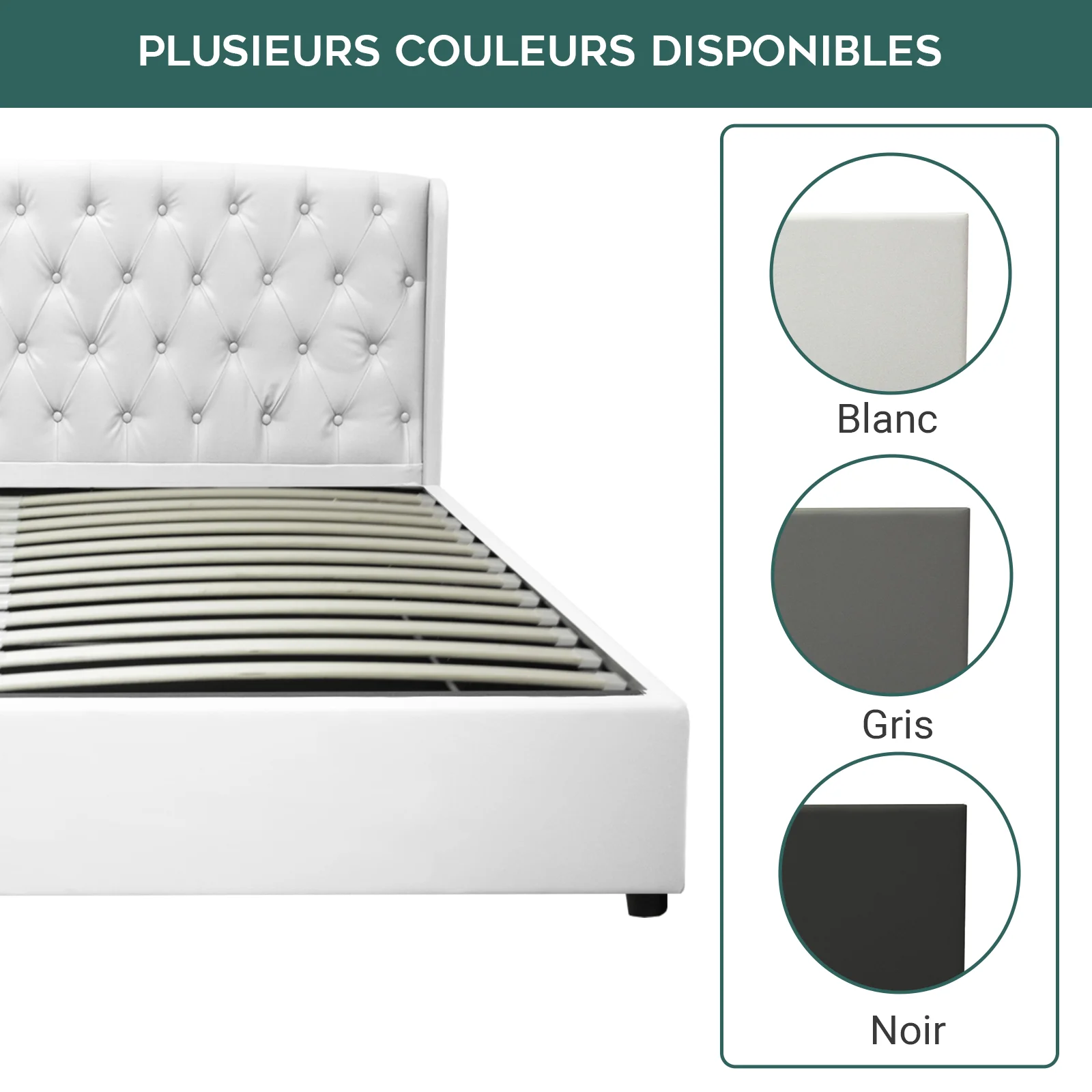 Lit coffre sommier relevable Monceau capitonné chic : simili cuir et sommier à lattes en bois flexibles - Image 7