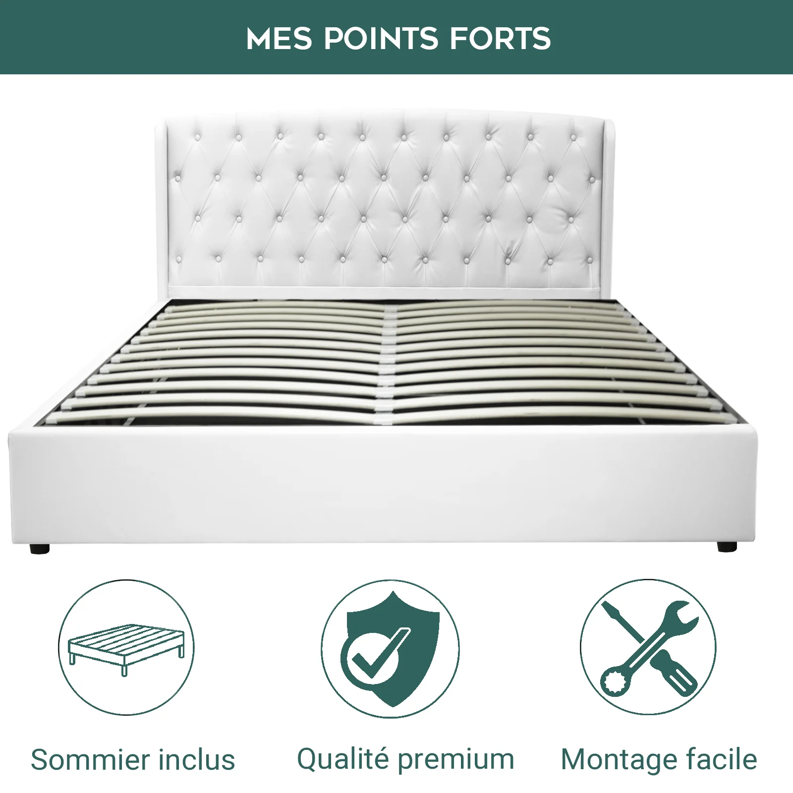 Lit coffre sommier relevable Monceau capitonné chic : simili cuir et sommier à lattes en bois flexibles - Image 8