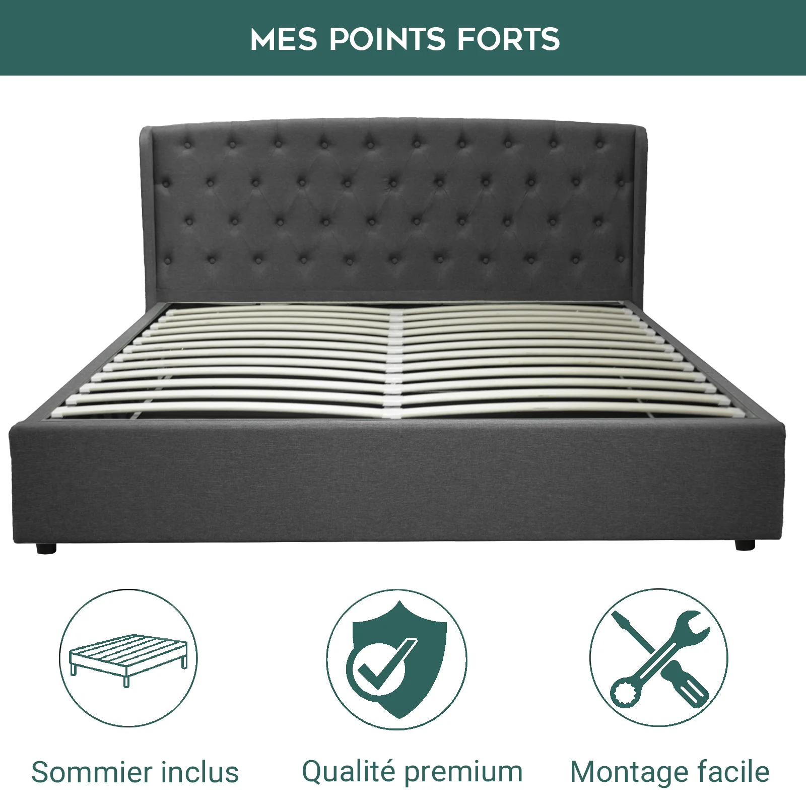 Lit coffre sommier relevable Monceau capitonné chic : tissu et sommier à lattes en bois flexibles - Image 8
