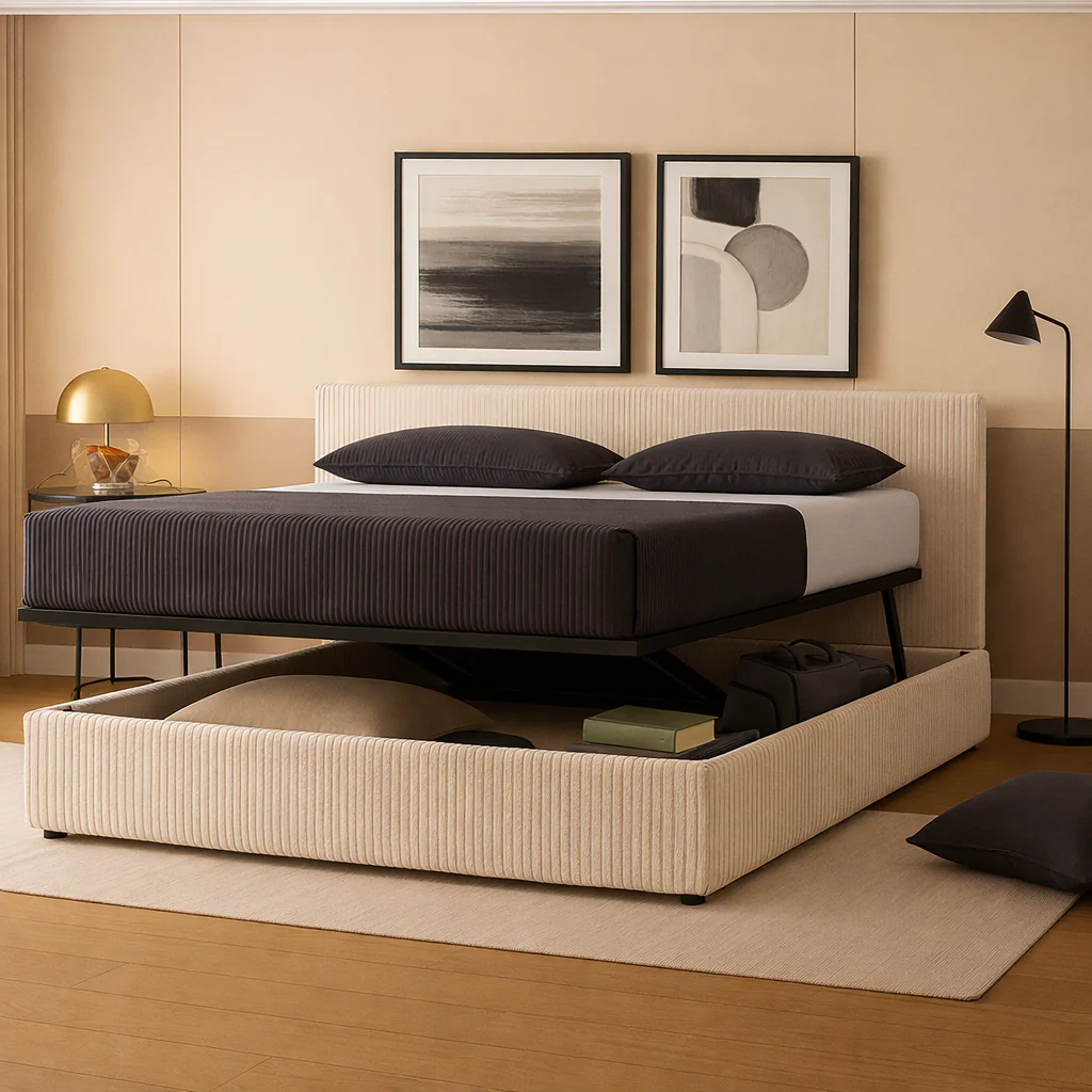 Lit coffre avec tête de lit ouverture latérale et frontale velours côtelé - Collection Parallèle design