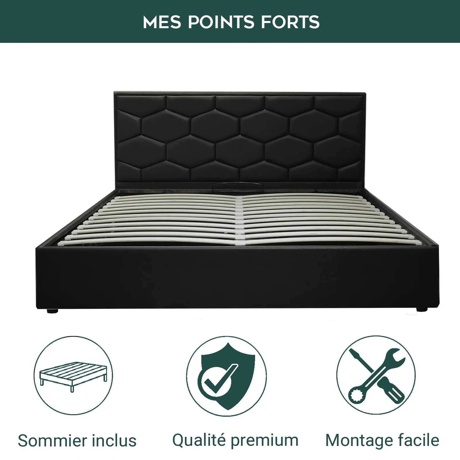 Lit coffre VariLuxe innovant - Tête de lit interchangeable : Simili cuir et grand coffre - Image 10