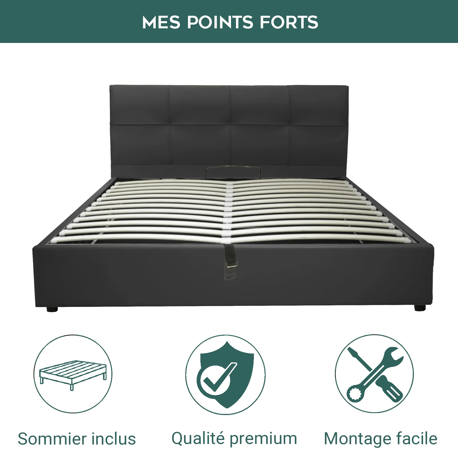 Lit coffre VariLuxe innovant - Tête de lit interchangeable : Simili cuir et grand coffre - Image 27