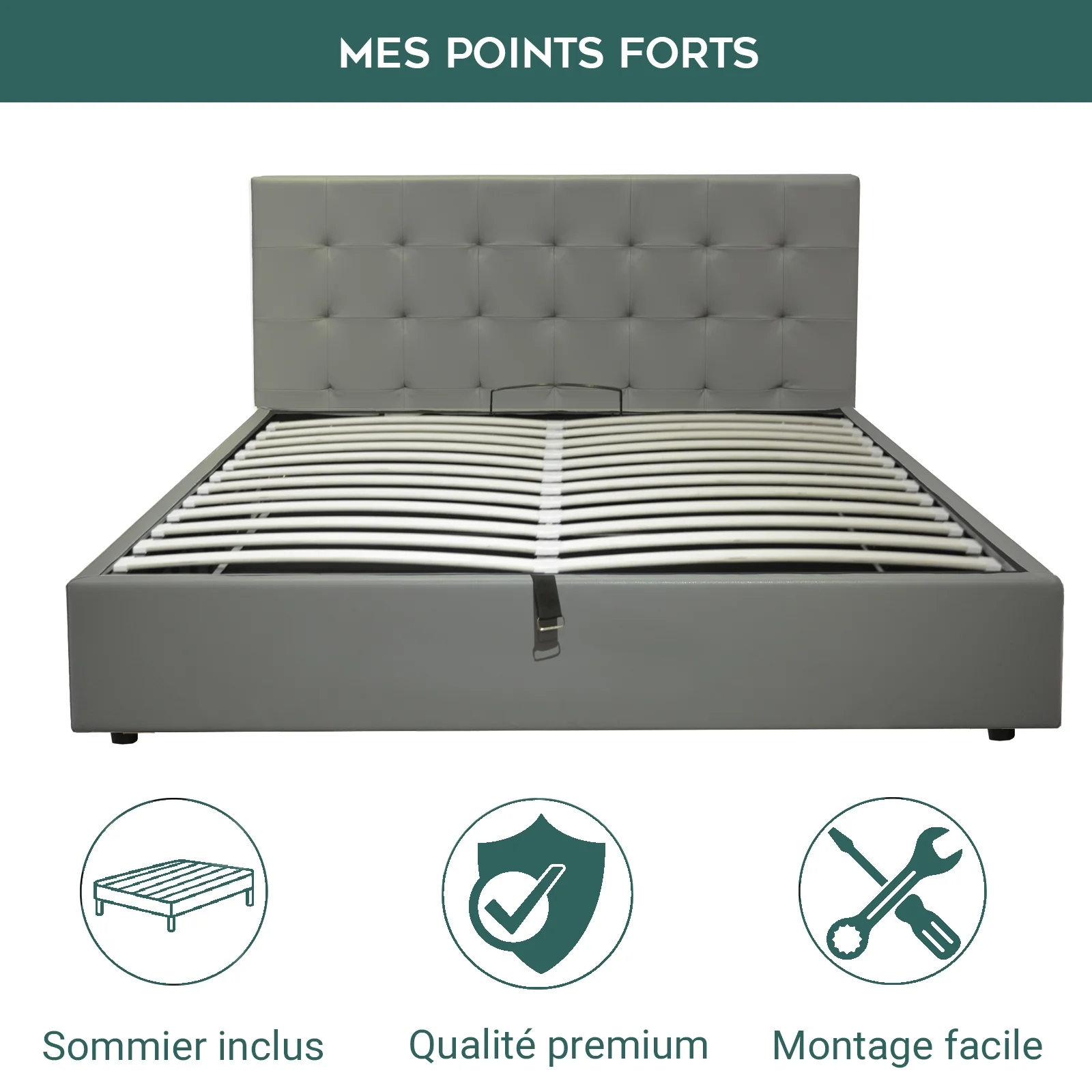Lit coffre VariLuxe innovant - Tête de lit interchangeable : Simili cuir et grand coffre - Image 54
