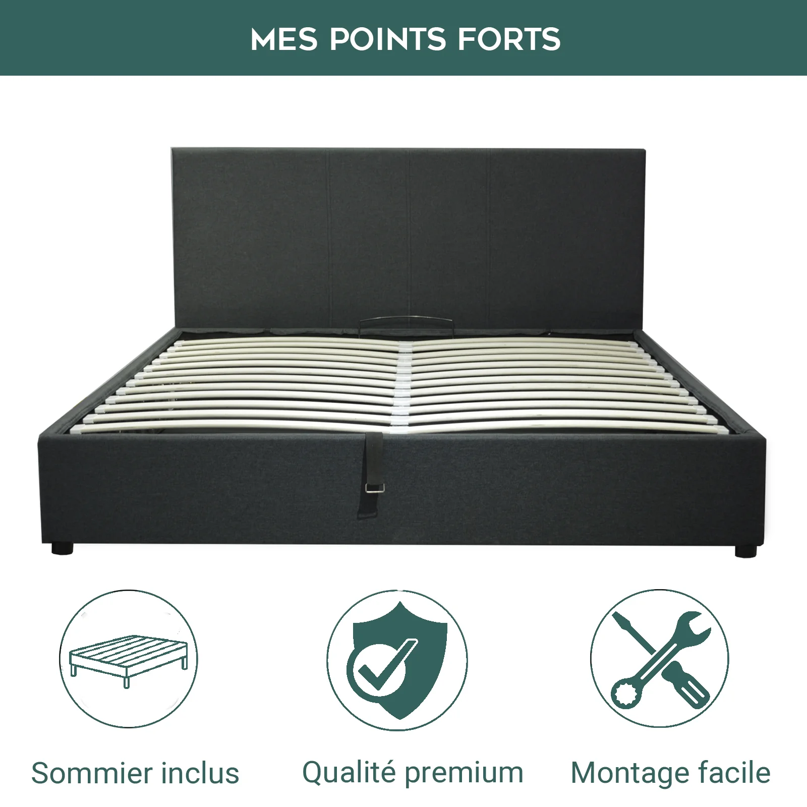 Lit coffre VariLuxe innovant - Tête de lit interchangeable : Tissu et grand coffre - Image 12