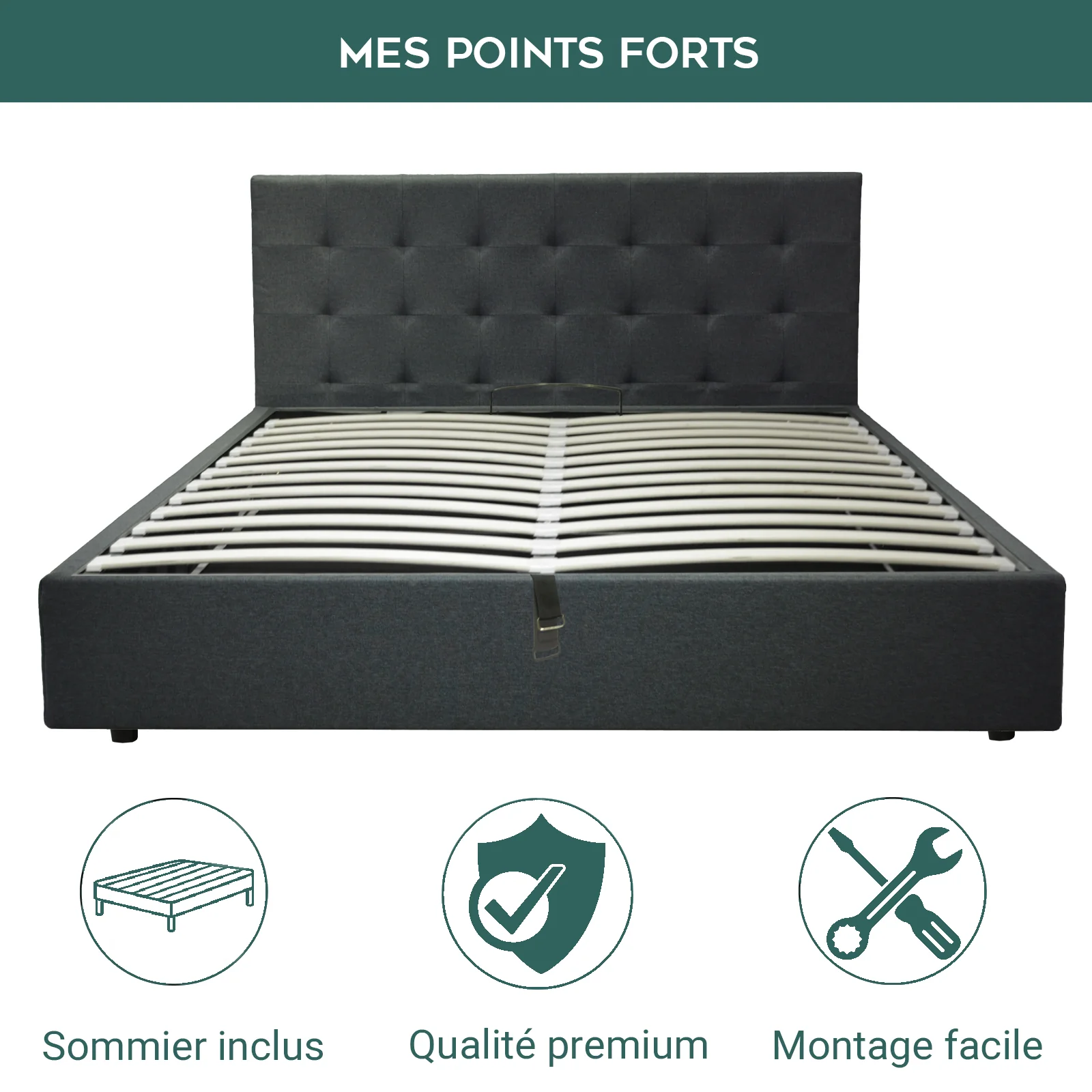 Lit coffre VariLuxe innovant - Tête de lit interchangeable : Tissu et grand coffre - Image 21