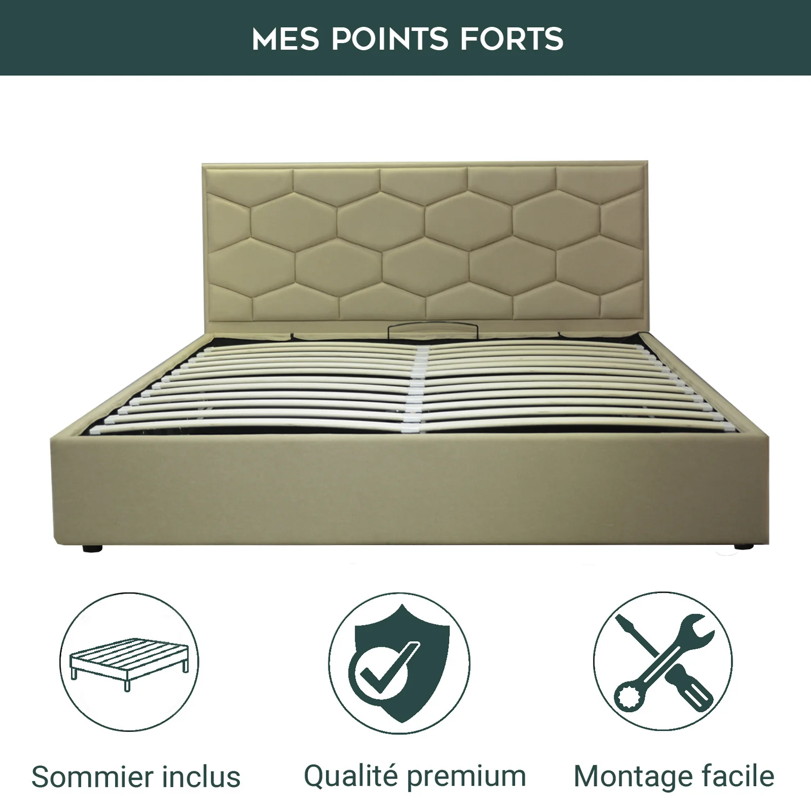 Lit coffre VariLuxe innovant - Tête de lit interchangeable : Tissu et grand coffre - Image 45