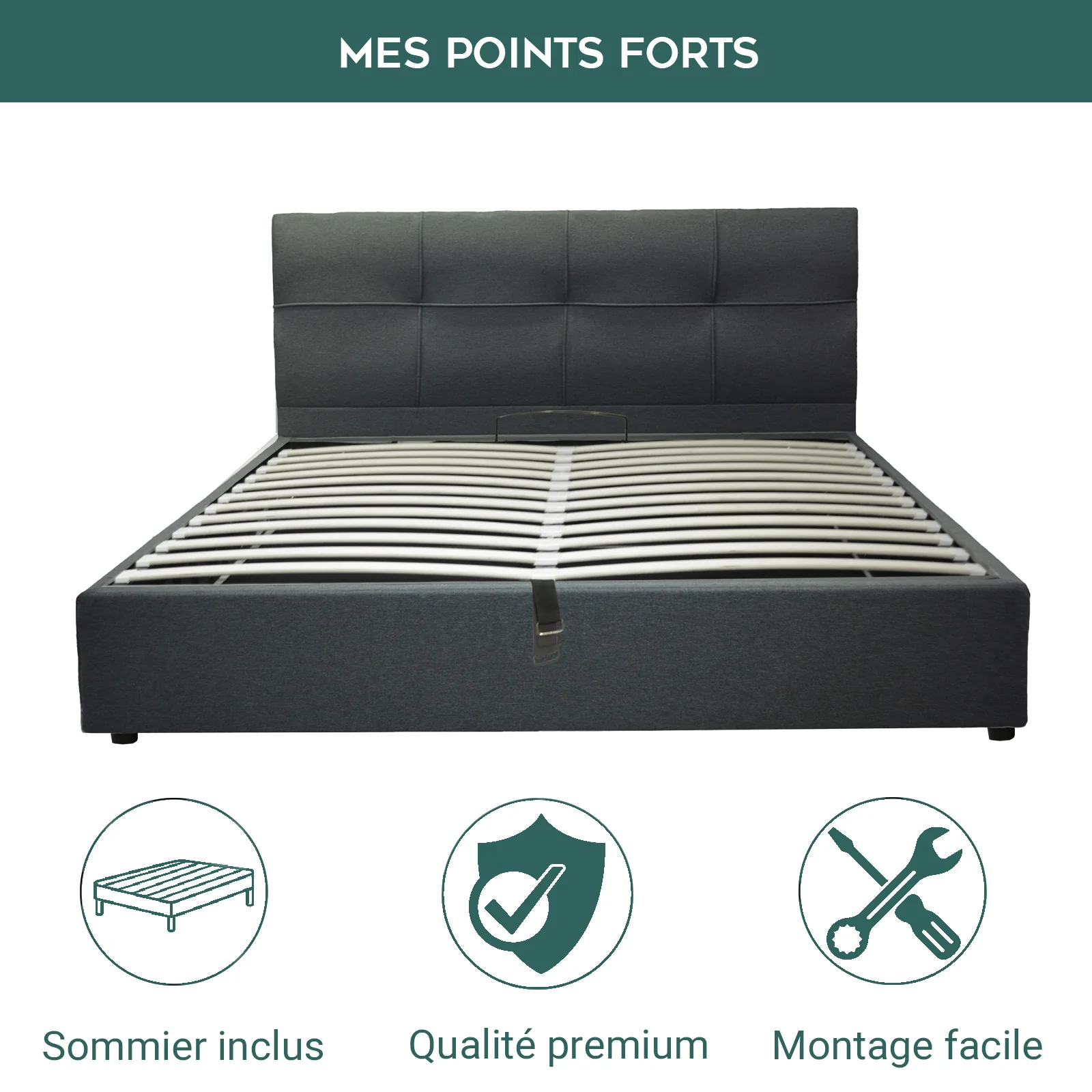 Lit coffre VariLuxe innovant - Tête de lit interchangeable : Tissu et grand coffre - Image 6
