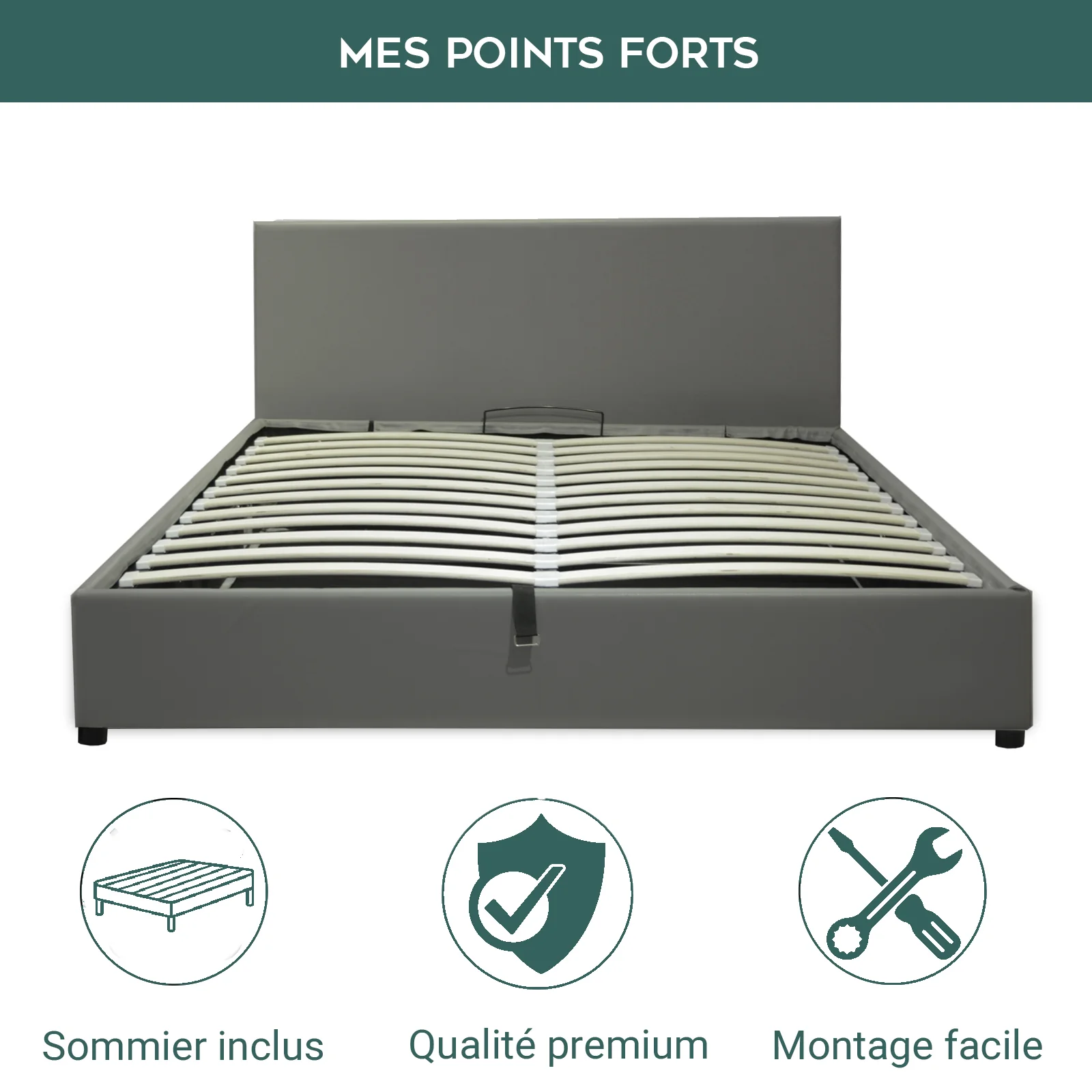 Lit coffre VariLuxe innovant - Tête de lit interchangeable : Simili cuir et grand coffre - Image 34