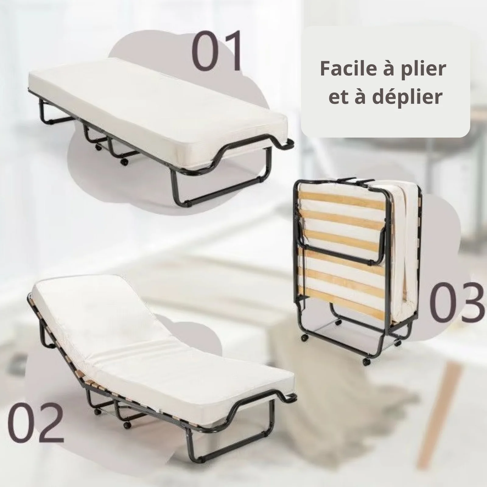 Lit pliant à roulettes avec matelas : lit d’appoint avec sommier à lattes flexibles - Collection Pliable - Image 4