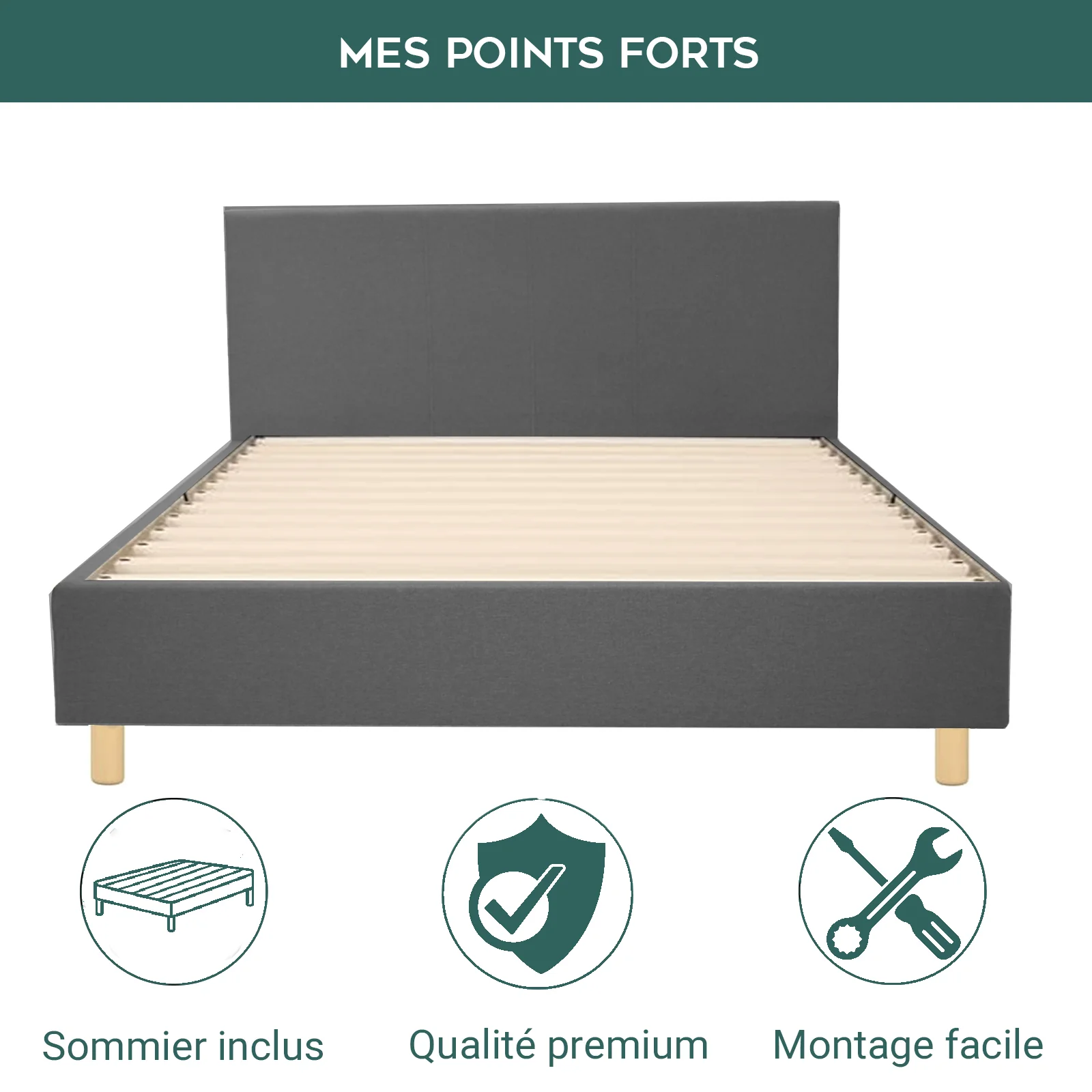 Lit plat Versailles : tissu et sommier fixe à lattes en bois - Image 5