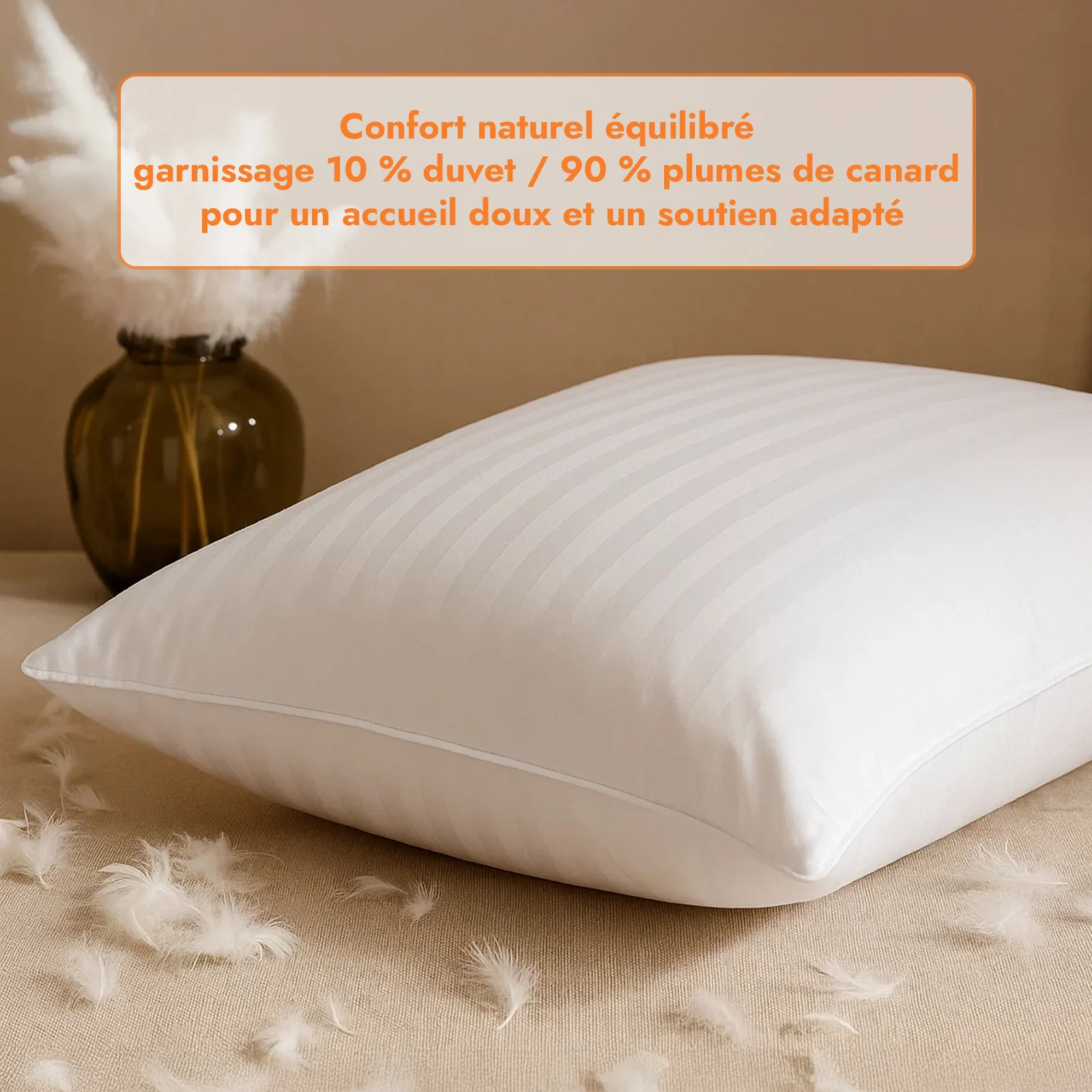 Oreiller plumes de canard et duvet, jacquard strié, confort équilibré - Collection Duvet - Image 7