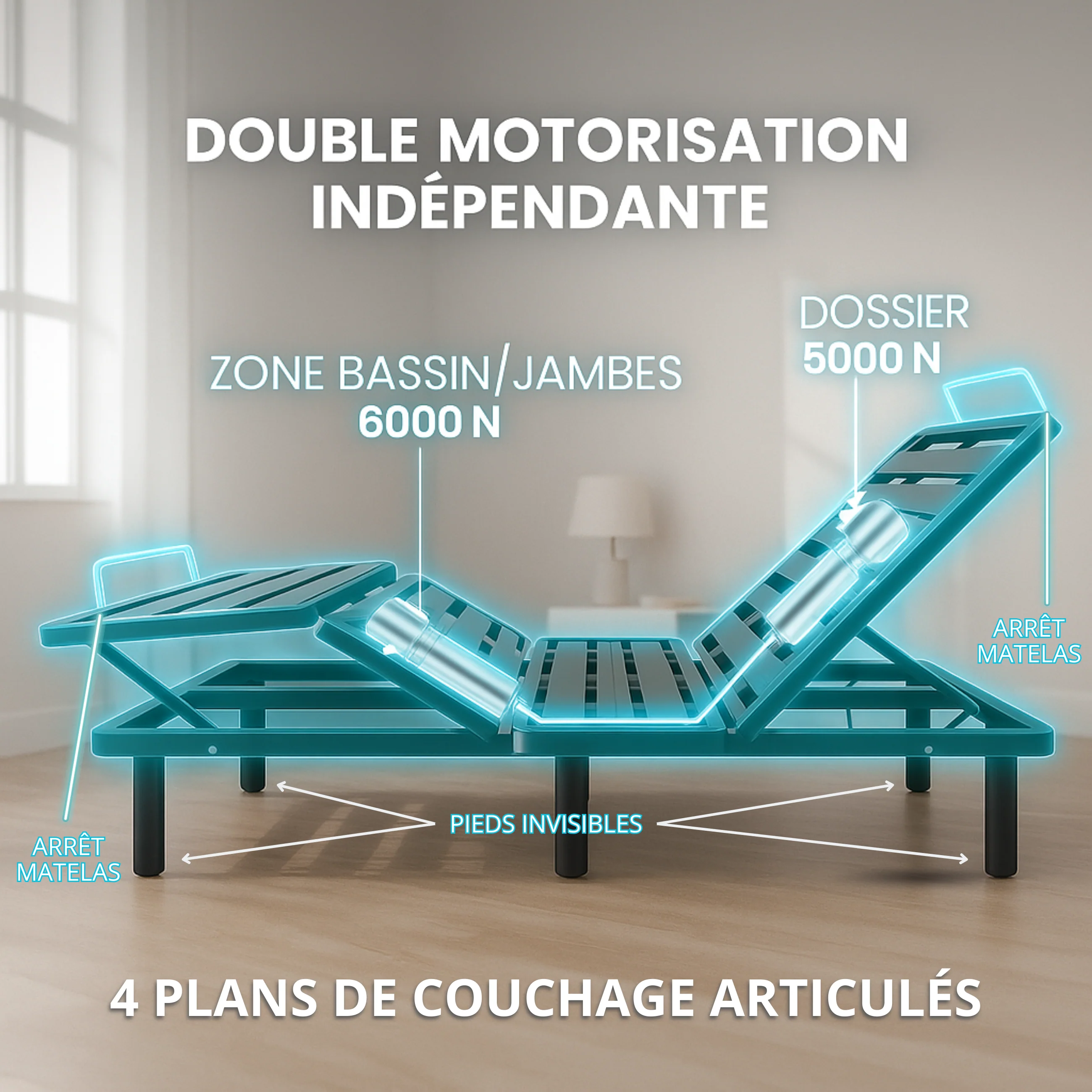 Pack lit électrique orthopédique à lattes en simili cuir blanc Orthoflex : matelas inclus - Image 3