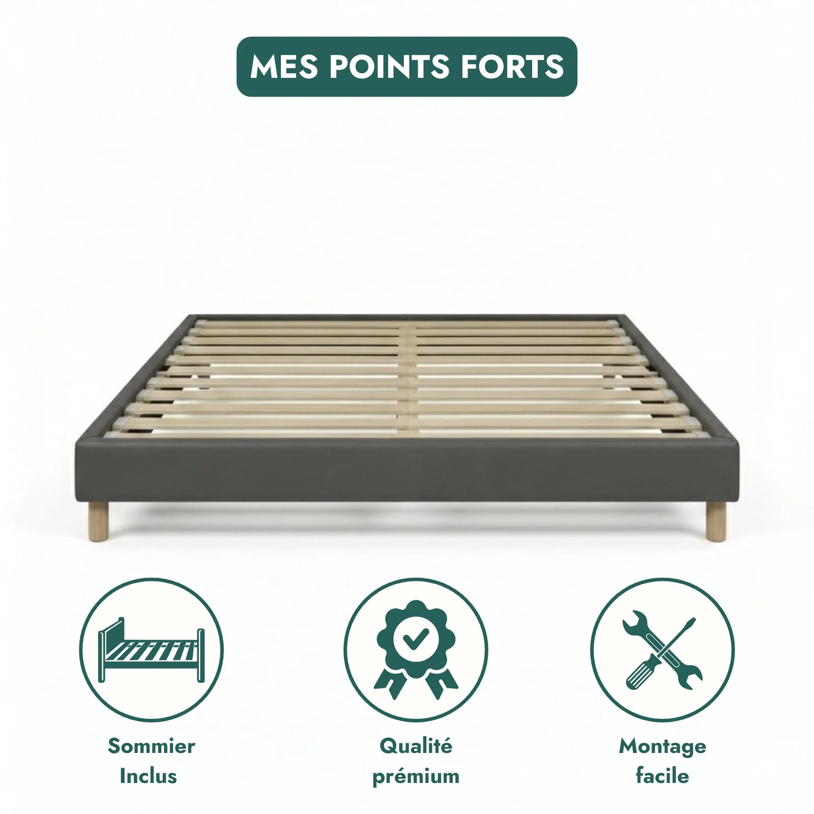 Sommier simili cuir, cadre de lit et pieds bois, maintien bassin - Collection Deco - Image 7