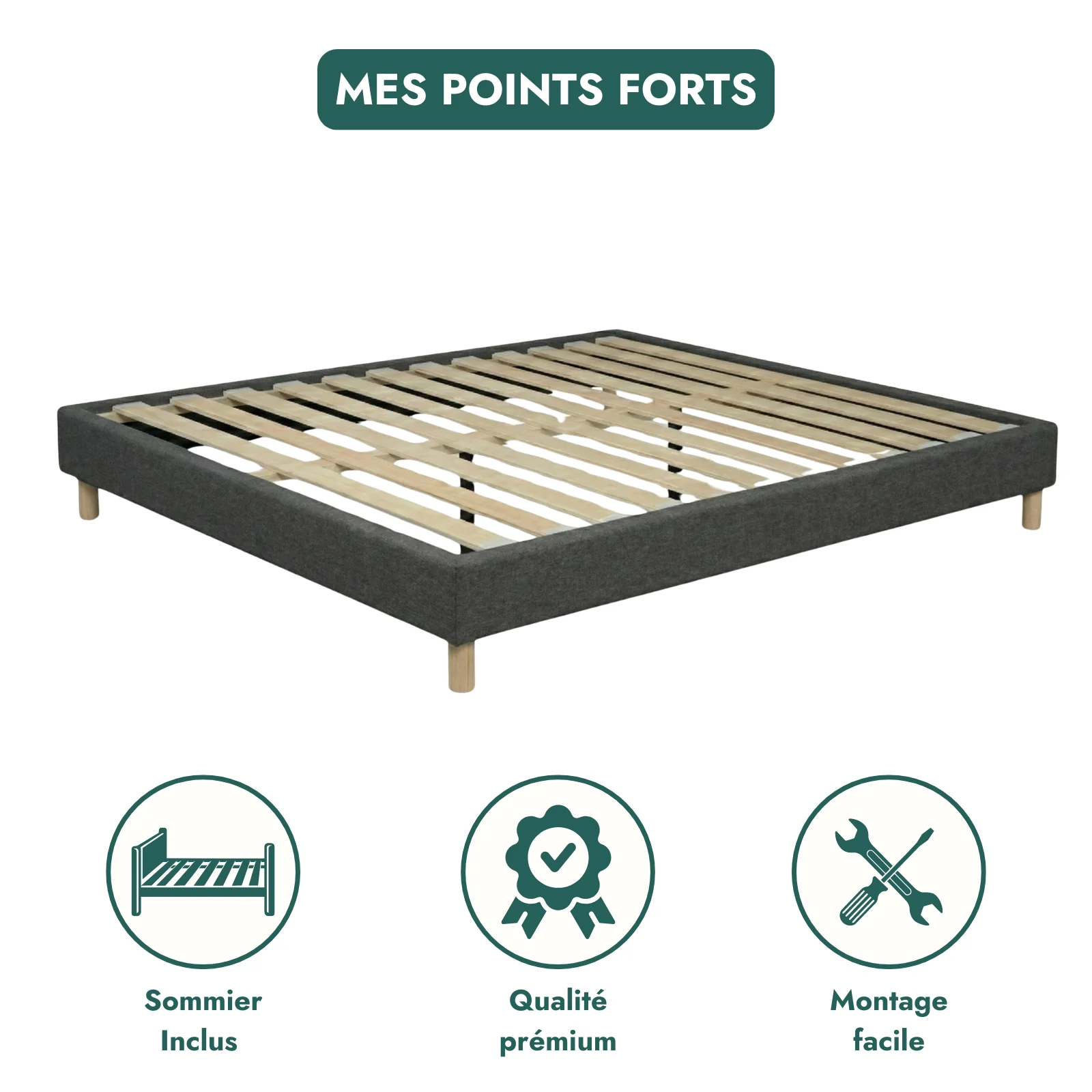 Sommier tissu, cadre de lit, pieds bois, maintien bassin - Collection Deco - Image 5