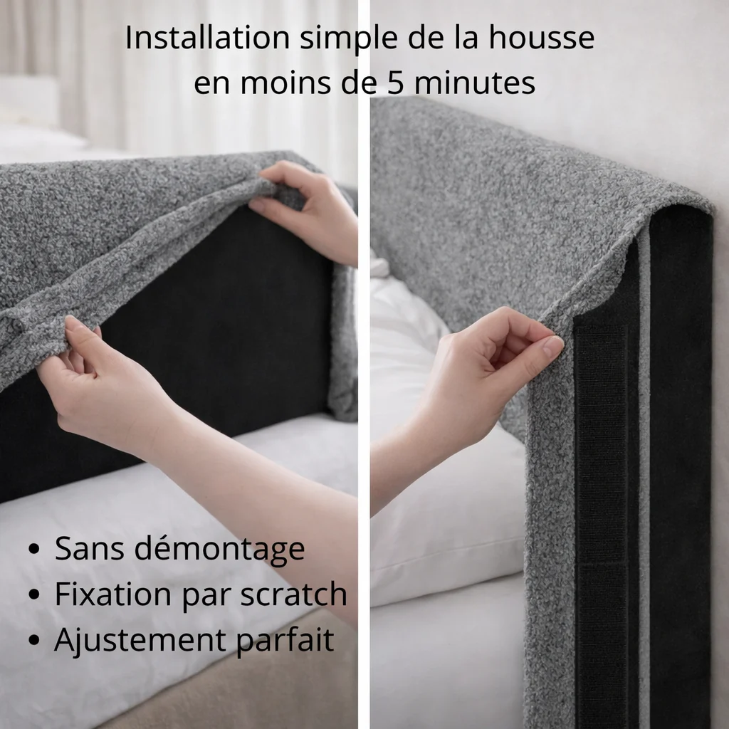 Tête de lit avec housse bouclette grise - Image 2