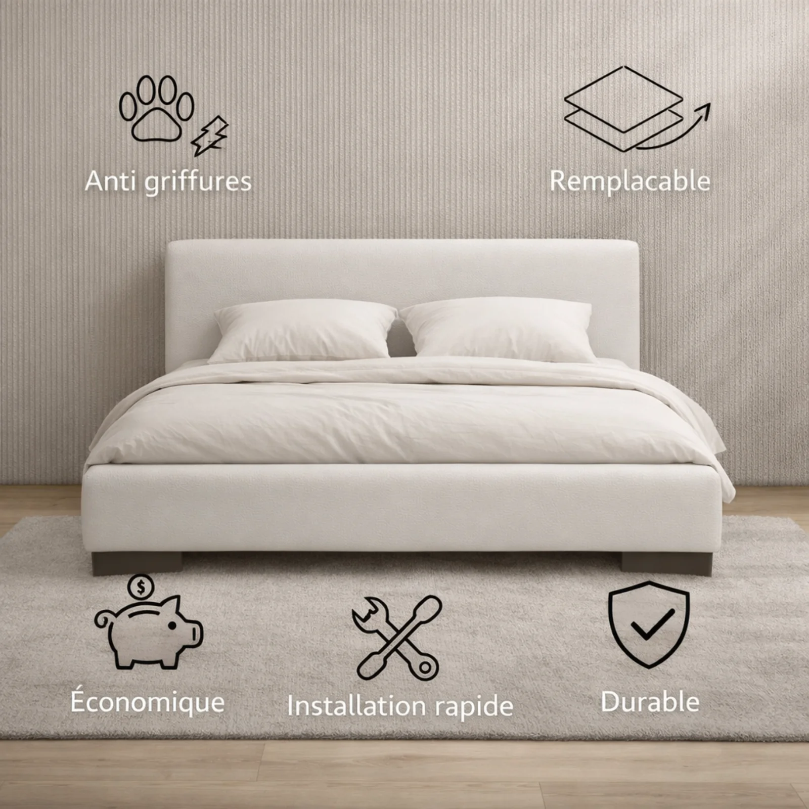 Housse structure lit fixe simili cuir blanc - Image 2