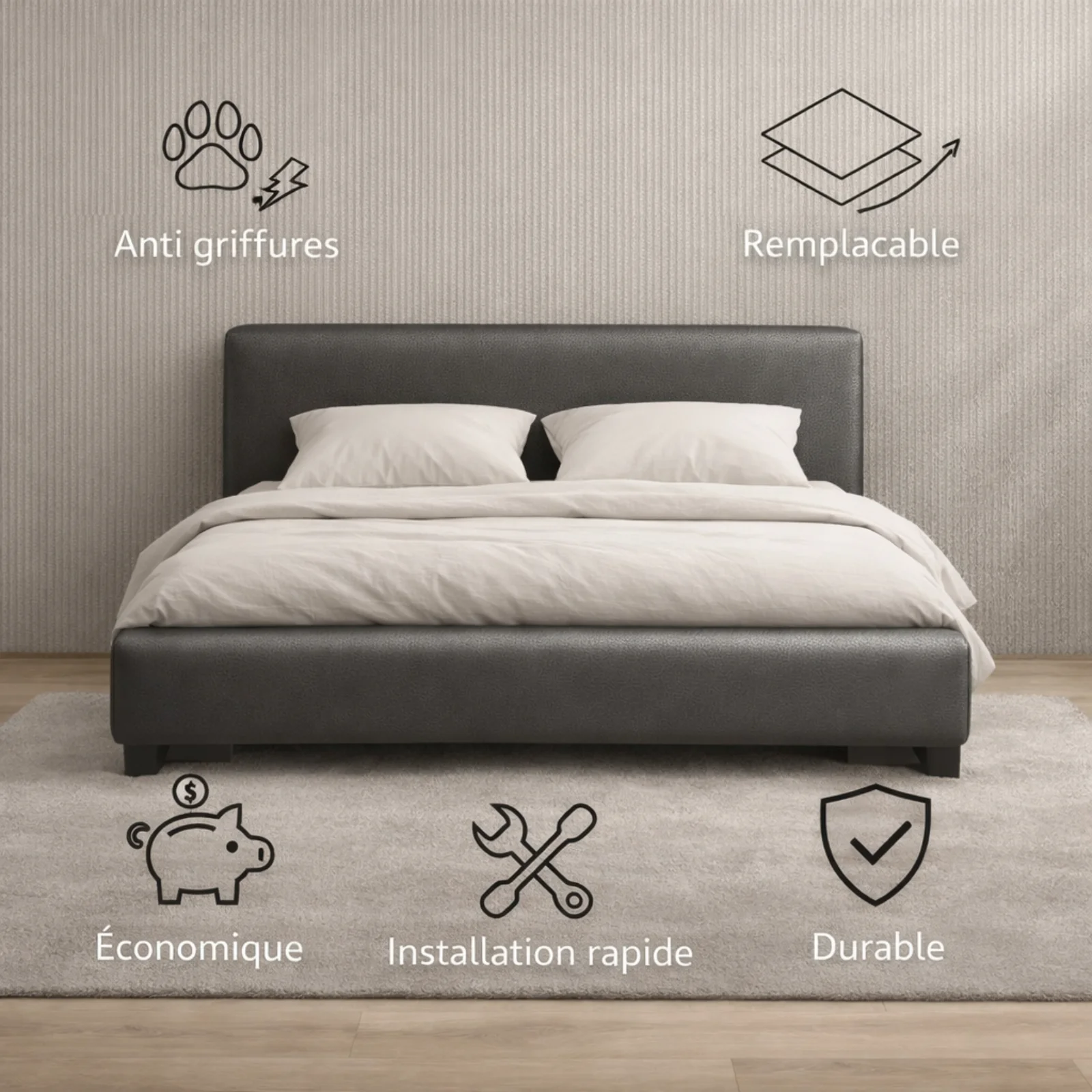 Housse structure lit fixe simili cuir gris - Image 2