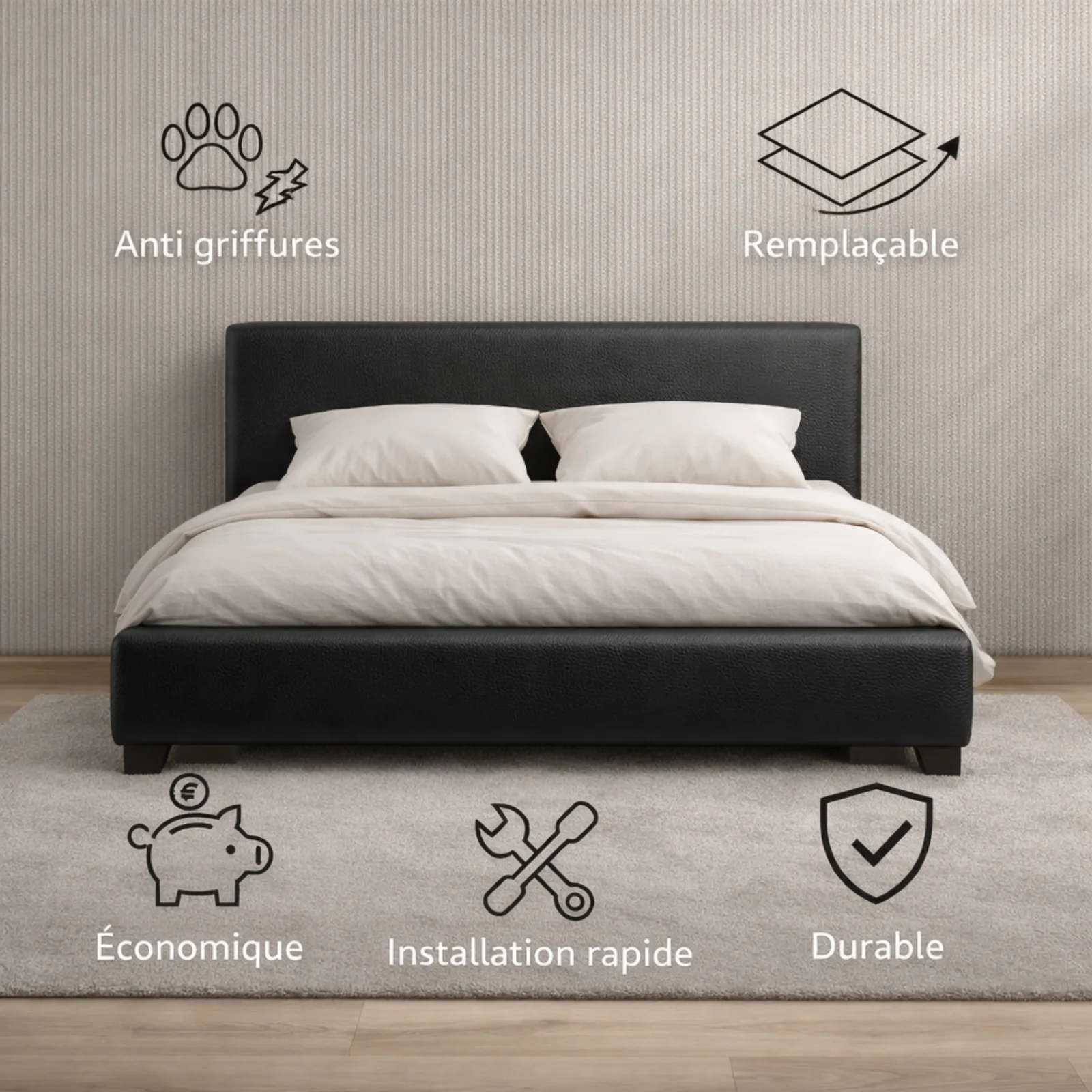 Housse structure lit fixe simili cuir noir - Image 2