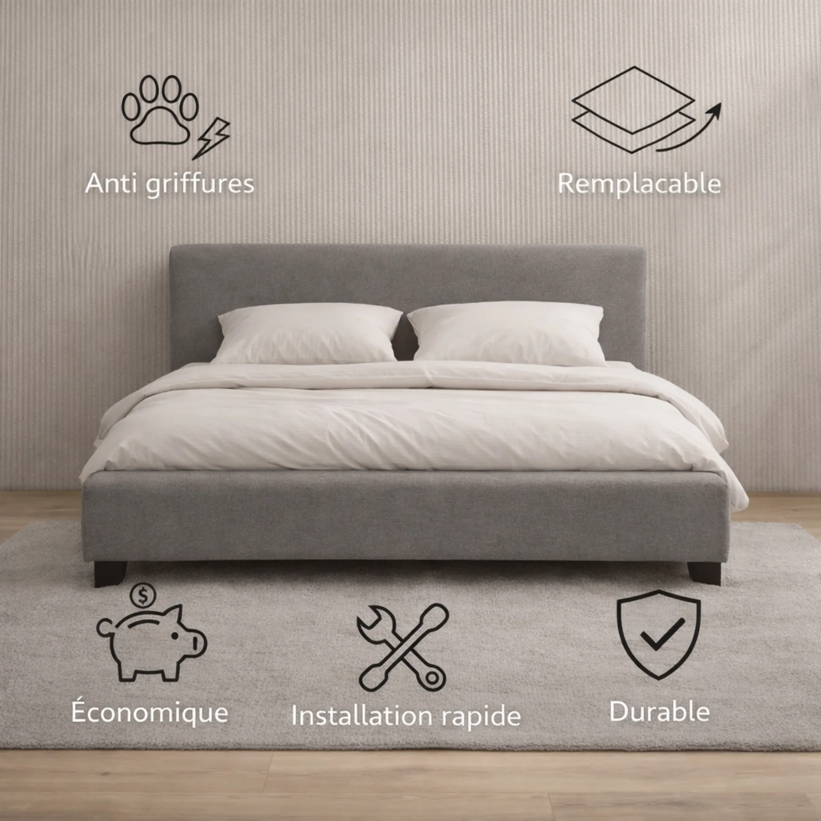 Housse structure lit fixe tissu gris clair - Image 2