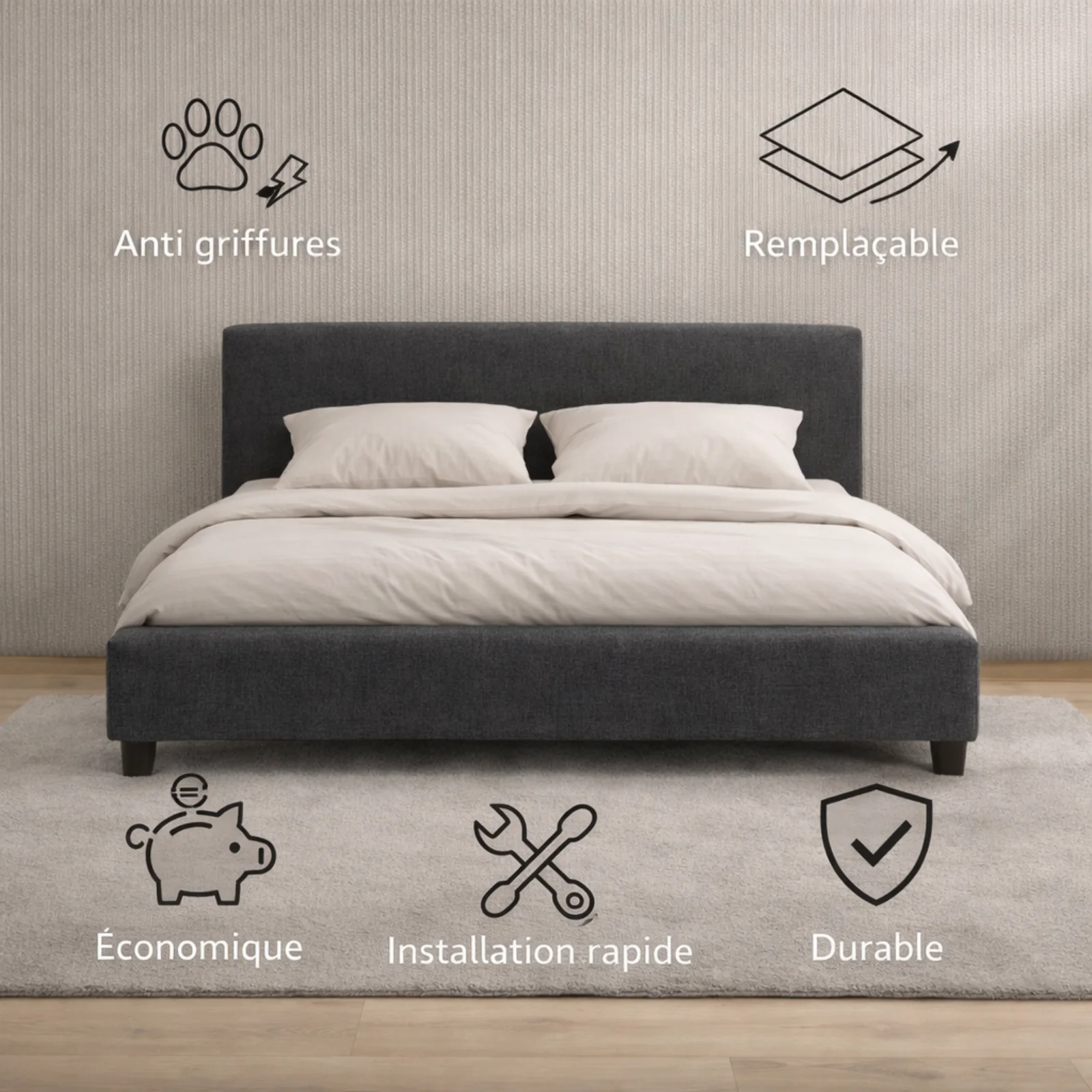 Housse structure lit fixe tissu gris foncé - Image 2